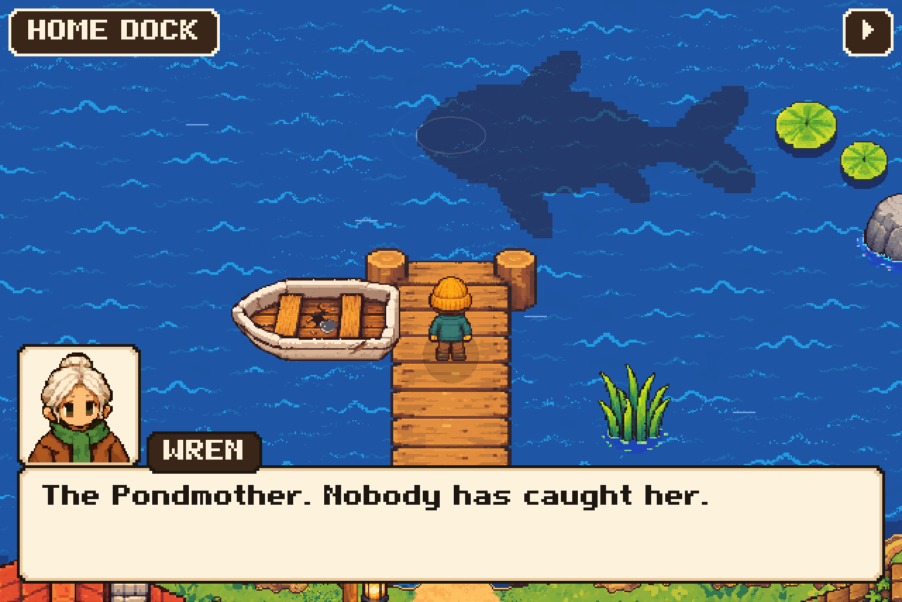 Pondo on the home dock at Reedhollow, with Wren. A huge shadow passes under the water.